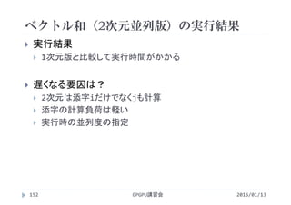 ベクトル和（2次元並列版）の実行結果
GPGPU講習会152
 実行結果
 1次元版と比較して実行時間がかかる
 遅くなる要因は？
 2次元は添字iだけでなくjも計算
 添字の計算負荷は軽い
 実行時の並列度の指定
2016/01/13
 