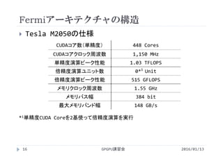 Fermiアーキテクチャの構造
GPGPU講習会
 Tesla M2050の仕様
CUDAコア数（単精度） 448 Cores
CUDAコアクロック周波数 1,150 MHz
単精度演算ピーク性能 1.03 TFLOPS
倍精度演算ユニット数 0*1 
Unit
倍精度演算ピーク性能 515 GFLOPS
メモリクロック周波数 1.55 GHz
メモリバス幅 384 bit
最大メモリバンド幅 148 GB/s
*1単精度CUDA Coreを2基使って倍精度演算を実行
16 2016/01/13
 
