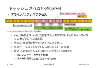  アライン/コアレスアクセス
 Warp内の全スレッドが要求するメモリアドレスが128バイト（四
つのセグメントに収まる）
 全スレッドが隣り合ったメモリにアクセス
 先頭データのメモリアドレスが32バイトの倍数
 読込に必要な32バイトのトランザクションは四つ
 読み込んだデータ全てを利用
 バスの利用率は128/(32×4)=100%
キャッシュされない読込の例
2016/01/13GPGPU講習会187
0 1 2 3 4 5 6 7 8 9 1
0
1
1
1
2
1
3
1
4
1
5
1
6
1
7
1
8
1
9
2
0
2
1
2
2
2
3
2
4
2
5
2
6
2
7
2
8
2
9
3
0
3
1
0 1
6
3
2
4
8
6
4
8
0
9
6
1
1
2
1
2
8
1
4
4
1
6
0
1
7
6
1
9
2
2
0
8
2
2
4
2
4
0
2
5
6
2
7
2
2
8
8
3
0
4
3
2
0
3
3
6
3
5
2
3
5
8
Warp内でのスレッドID
（カーネル内でのスレッド番号とは異なる）
メモリアドレス
メモリアドレスに対するスレッドのアクセス要求
読込に必要な32バイトトランザクション
32バイトのメモリセグメント
読み込むデータ
 