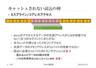 キャッシュされない読込の例
2016/01/13GPGPU講習会189
 ミスアライン/コアレスアクセス
 Warpがアクセスするデータの先頭アドレスが128の倍数では
ない（五つのセグメントにまたがる）
 全スレッドが隣り合ったメモリにアクセス
 先頭データのメモリアドレスが32バイトの倍数ではない
 読込に必要な32バイトのトランザクションは五つ
 読み込んだデータの8割は利用
 バスの利用率は128/(32×5)=80% 改善！
0 1 2 3 4 5 6 7 8 9 1
0
1
1
1
2
1
3
1
4
1
5
1
6
1
7
1
8
1
9
2
0
2
1
2
2
2
3
2
4
2
5
2
6
2
7
2
8
2
9
3
0
3
1
0 1
6
3
2
4
8
6
4
8
0
9
6
1
1
2
1
2
8
1
4
4
1
6
0
1
7
6
1
9
2
2
0
8
2
2
4
2
4
0
2
5
6
2
7
2
2
8
8
3
0
4
3
2
0
3
3
6
3
5
2
3
5
8
 