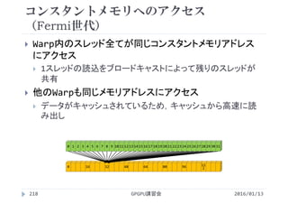 0 16 32 48 64 80 96 11
2
コンスタントメモリへのアクセス
（Fermi世代）
 Warp内のスレッド全てが同じコンスタントメモリアドレス
にアクセス
 1スレッドの読込をブロードキャストによって残りのスレッドが
共有
 他のWarpも同じメモリアドレスにアクセス
 データがキャッシュされているため，キャッシュから高速に読
み出し
2016/01/13GPGPU講習会218
0 1 2 3 4 5 6 7 8 9 10 11 12 13 14 15 16 17 18 19 20 21 22 23 24 25 26 27 28 29 30 31
 