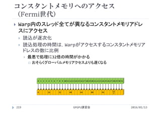0 16 32 48 64 80 96 11
2
コンスタントメモリへのアクセス
（Fermi世代）
 Warp内のスレッド全てが異なるコンスタントメモリアドレ
スにアクセス
 読込が逐次化
 読込処理の時間は，Warpがアクセスするコンスタントメモリア
ドレスの数に比例
 最悪で処理に32倍の時間がかかる
 おそらくグローバルメモリアクセスよりも遅くなる
2016/01/13GPGPU講習会219
0 1 2 3 4 5 6 7 8 9 10 11 12 13 14 15 16 17 18 19 20 21 22 23 24 25 26 27 28 29 30 31
 