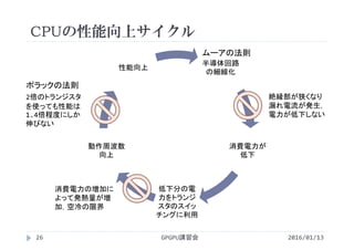 CPUの性能向上サイクル
GPGPU講習会26
半導体回路
の細線化
消費電力が
低下
低下分の電
力をトランジ
スタのスイッ
チングに利用
動作周波数
向上
性能向上
絶縁部が狭くなり
漏れ電流が発生，
電力が低下しない
消費電力の増加に
よって発熱量が増
加，空冷の限界
2倍のトランジスタ
を使っても性能は
1.4倍程度にしか
伸びない
2016/01/13
ムーアの法則
ポラックの法則
 