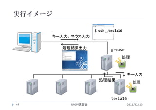 実行イメージ
grouse
処理
処理結果出力
キー入力，マウス入力
$ ssh␣tesla16
tesla16
キー入力
処理
処理結果
2016/01/13GPGPU講習会44
 