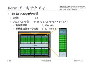Fermiアーキテクチャ
2016/01/13GPGPU講習会59
 Tesla M2050の仕様
 SM数 14
 CUDA Core数 448(=32 Core/SM×14 SM)
 動作周波数 1,150 MHz
 単精度演算ピーク性能 1.03 TFLOPS
Register File 
(16384 × 32‐bit)
64 KB Shared 
Memory / L1 Cache
SM
Core
Core
Core
Core
Core
Core
Core
Core
Core
Core
Core
Core
Core
Core
Core
Core
Core
Core
Core
Core
Core
Core
Core
Core
Core
Core
Core
Core
Core
Core
Core
Core
SFU×4
L2 Cache
GigaThread Engine
PCI Express 3.0 Host Interface
Memory Controller
GPC
Raster Engine
GPC
Raster Engine
SM
Raster Engine
GPC
Raster Engine
GPC
Memory ControllerMemory Controller
Memory ControllerMemory ControllerMemory Controller
詳細はhttp://www.nvidia.co.jp/docs/IO/
81860/NVIDIA_Fermi_Architecture_Whitep
aper_FINAL_J.pdfを参照のこと
 