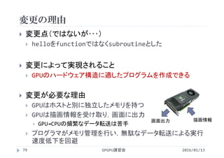 変更の理由
2016/01/13GPGPU講習会79
 変更点（ではないが･･･）
 helloをfunctionではなくsubroutineとした
 変更によって実現されること
 GPUのハードウェア構造に適したプログラムを作成できる
 変更が必要な理由
 GPUはホストと別に独立したメモリを持つ
 GPUは描画情報を受け取り，画面に出力
 GPU→CPUの頻繁なデータ転送は苦手
 プログラマがメモリ管理を行い，無駄なデータ転送による実行
速度低下を回避
描画情報画面出力
 