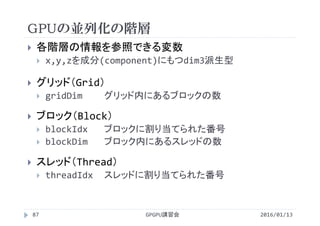 GPUの並列化の階層
 各階層の情報を参照できる変数
 x,y,zを成分(component)にもつdim3派生型
 グリッド（Grid）
 gridDim グリッド内にあるブロックの数
 ブロック（Block）
 blockIdx ブロックに割り当てられた番号
 blockDim ブロック内にあるスレッドの数
 スレッド（Thread）
 threadIdx スレッドに割り当てられた番号
GPGPU講習会87 2016/01/13
 