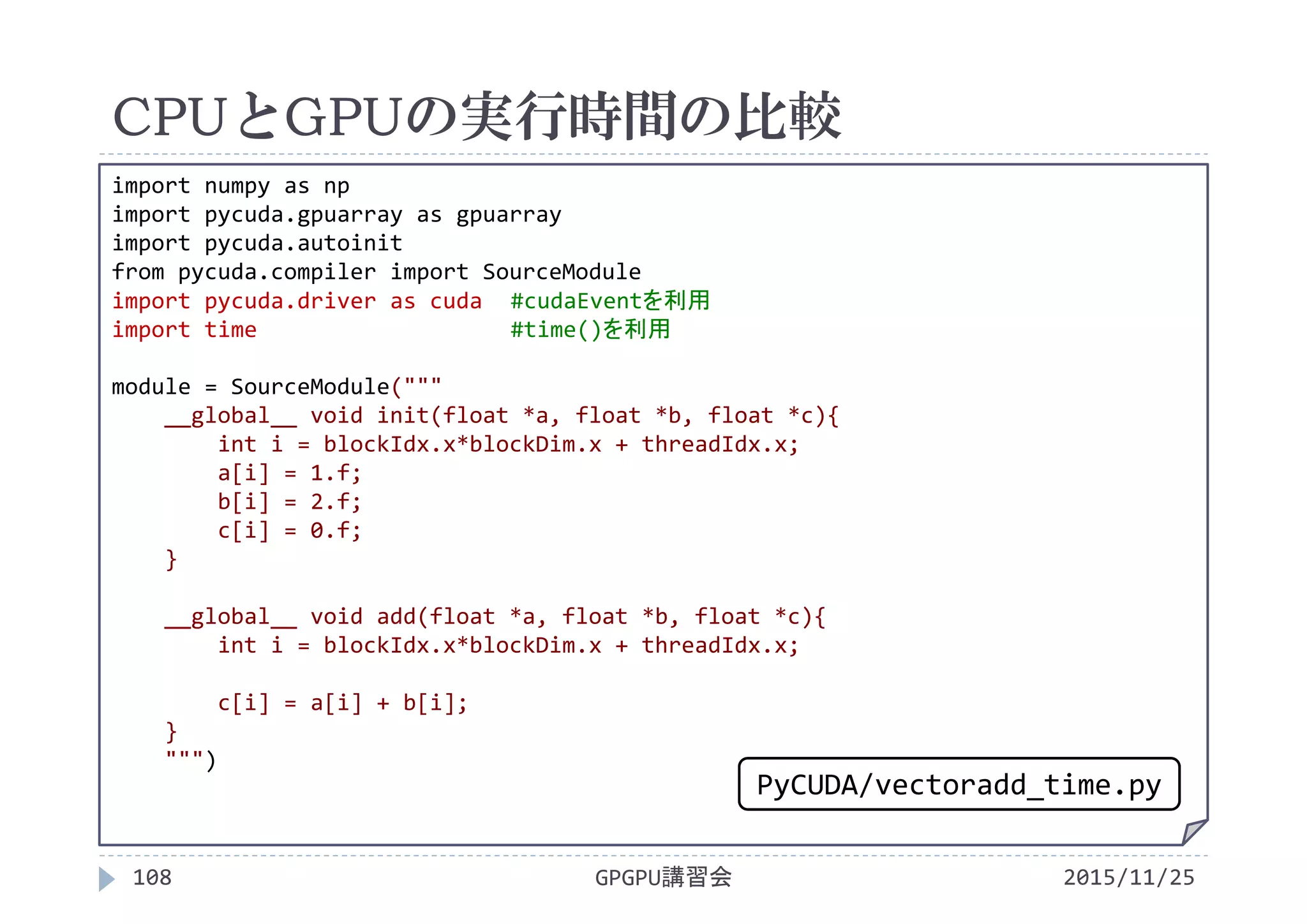 CPUとGPUの実行時間の比較
2015/11/25GPGPU講習会108
import numpy as np
import pycuda.gpuarray as gpuarray
import pycuda.autoinit
from pycuda.compiler import SourceModule
import pycuda.driver as cuda #cudaEventを利用
import time #time()を利用
module = SourceModule("""
__global__ void init(float *a, float *b, float *c){
int i = blockIdx.x*blockDim.x + threadIdx.x;
a[i] = 1.f;
b[i] = 2.f;
c[i] = 0.f;
}
__global__ void add(float *a, float *b, float *c){
int i = blockIdx.x*blockDim.x + threadIdx.x;
c[i] = a[i] + b[i];
}
""")
PyCUDA/vectoradd_time.py
 