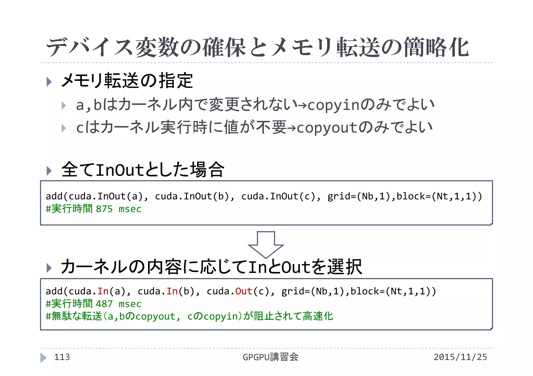 デバイス変数の確保とメモリ転送の簡略化
2015/11/25GPGPU講習会113
 メモリ転送の指定
 a,bはカーネル内で変更されない→copyinのみでよい
 cはカーネル実行時に値が不要→copyoutのみでよい
 全てInOutとした場合
 カーネルの内容に応じてInとOutを選択
add(cuda.InOut(a), cuda.InOut(b), cuda.InOut(c), grid=(Nb,1),block=(Nt,1,1))
#実行時間 875 msec
add(cuda.In(a), cuda.In(b), cuda.Out(c), grid=(Nb,1),block=(Nt,1,1))
#実行時間 487 msec
#無駄な転送（a,bのcopyout, cのcopyin）が阻止されて高速化
 