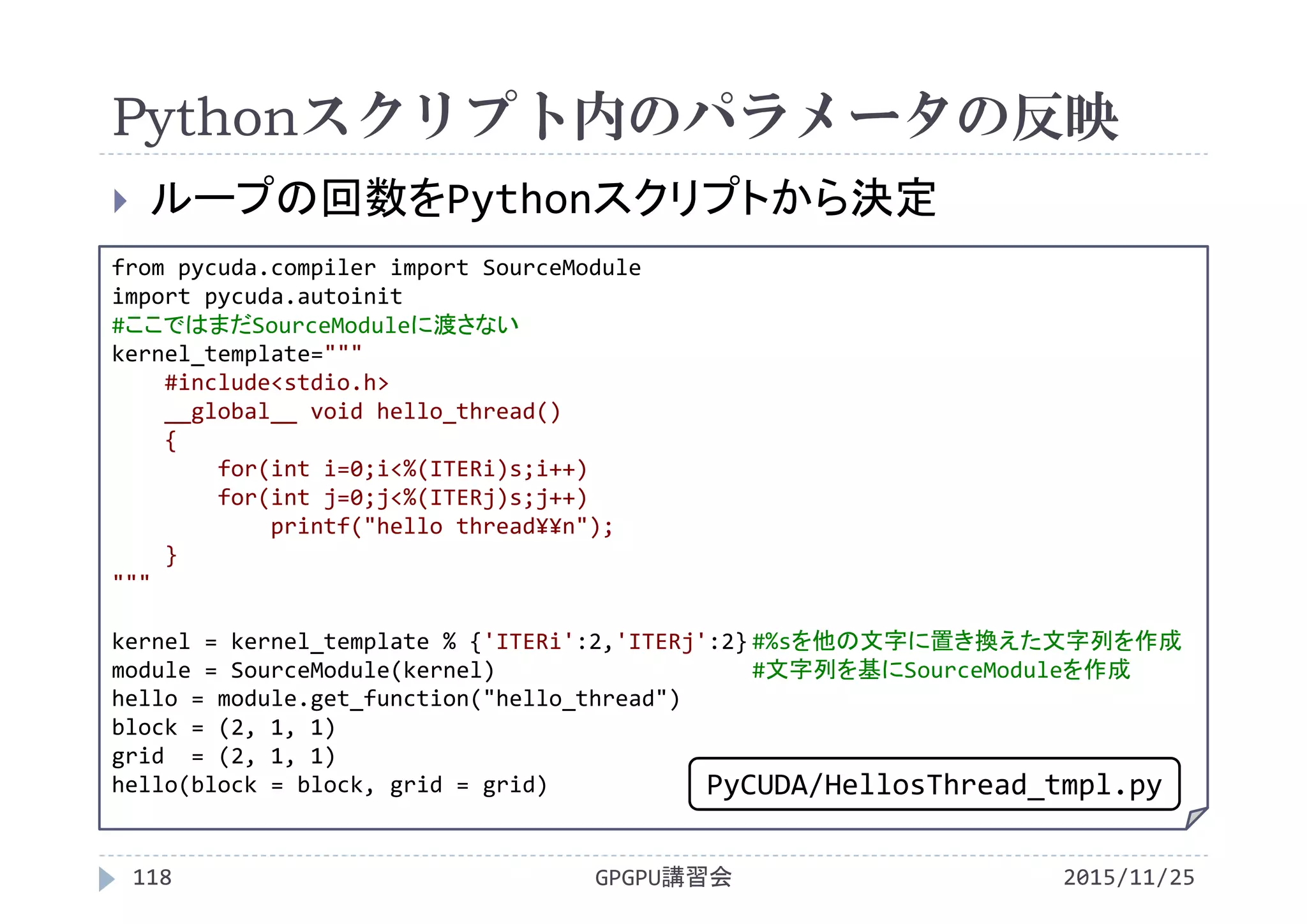 Pythonスクリプト内のパラメータの反映
2015/11/25GPGPU講習会118
 ループの回数をPythonスクリプトから決定
from pycuda.compiler import SourceModule
import pycuda.autoinit
#ここではまだSourceModuleに渡さない
kernel_template=""" 
#include<stdio.h>
__global__ void hello_thread()
{
for(int i=0;i<%(ITERi)s;i++)
for(int j=0;j<%(ITERj)s;j++)
printf("hello thread¥¥n");
}
"""
kernel = kernel_template % {'ITERi':2,'ITERj':2} #%sを他の文字に置き換えた文字列を作成
module = SourceModule(kernel) #文字列を基にSourceModuleを作成
hello = module.get_function("hello_thread")
block = (2, 1, 1)
grid  = (2, 1, 1)
hello(block = block, grid = grid) PyCUDA/HellosThread_tmpl.py
 