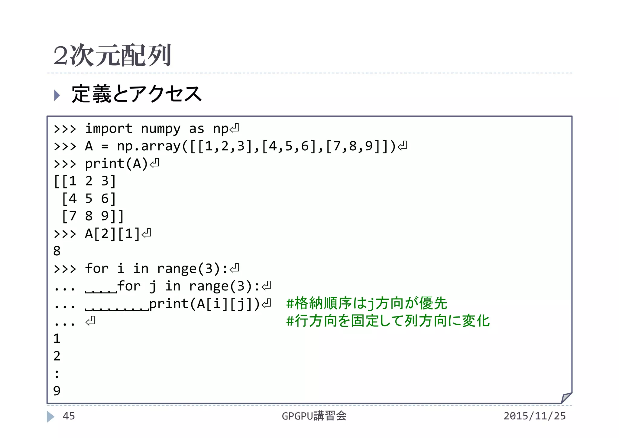2次元配列
2015/11/25GPGPU講習会45
 定義とアクセス
>>> import numpy as np⏎
>>> A = np.array([[1,2,3],[4,5,6],[7,8,9]])⏎
>>> print(A)⏎
[[1 2 3]
[4 5 6]
[7 8 9]]
>>> A[2][1]⏎
8
>>> for i in range(3):⏎
... ˽˽˽˽for j in range(3):⏎
... ˽˽˽˽˽˽˽˽print(A[i][j])⏎ #格納順序はj方向が優先
... ⏎ #行方向を固定して列方向に変化
1
2
:
9
 