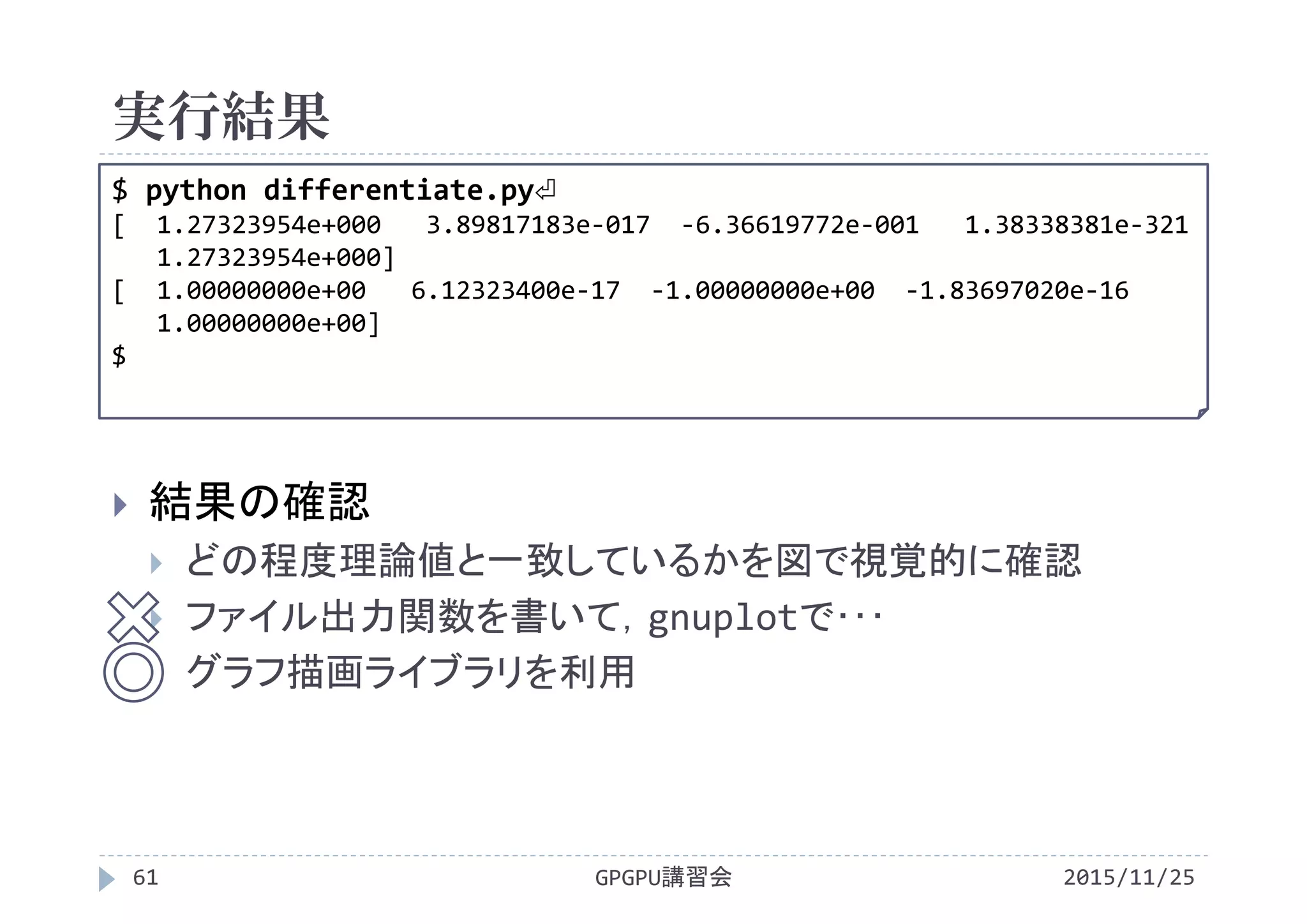 実行結果
2015/11/25GPGPU講習会61
 結果の確認
 どの程度理論値と一致しているかを図で視覚的に確認
 ファイル出力関数を書いて，gnuplotで･･･
 グラフ描画ライブラリを利用
$ python differentiate.py⏎
[  1.27323954e+000   3.89817183e‐017  ‐6.36619772e‐001   1.38338381e‐321
1.27323954e+000]
[  1.00000000e+00   6.12323400e‐17  ‐1.00000000e+00  ‐1.83697020e‐16
1.00000000e+00]
$
 