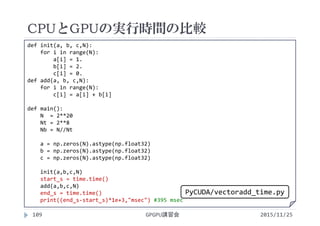 CPUとGPUの実行時間の比較
2015/11/25GPGPU講習会109
def init(a, b, c,N):
for i in range(N):
a[i] = 1.
b[i] = 2.
c[i] = 0.
def add(a, b, c,N):
for i in range(N):
c[i] = a[i] + b[i]
def main():
N  = 2**20
Nt = 2**8
Nb = N//Nt
a = np.zeros(N).astype(np.float32)
b = np.zeros(N).astype(np.float32)
c = np.zeros(N).astype(np.float32)
init(a,b,c,N)
start_s = time.time()
add(a,b,c,N)
end_s = time.time()
print((end_s‐start_s)*1e+3,"msec") #395 msec
PyCUDA/vectoradd_time.py
 