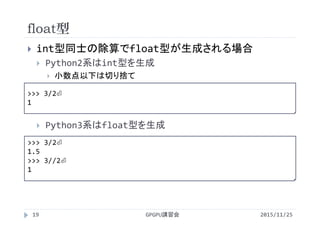 float型
2015/11/25GPGPU講習会19
 int型同士の除算でfloat型が生成される場合
 Python2系はint型を生成
 小数点以下は切り捨て
 Python3系はfloat型を生成
>>> 3/2⏎
1.5
>>> 3//2⏎
1
>>> 3/2⏎
1
 