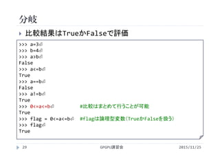 分岐
2015/11/25GPGPU講習会29
 比較結果はTrueかFalseで評価
>>> a=3⏎
>>> b=4⏎
>>> a>b⏎
False
>>> a<=b⏎
True
>>> a==b⏎
False
>>> a!=b⏎
True
>>> 0<=a<=b⏎ #比較はまとめて行うことが可能
True
>>> flag = 0<=a<=b⏎ #flagは論理型変数（TrueかFalseを扱う）
>>> flag⏎
True
 