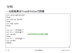 分岐
2015/11/25GPGPU講習会30
 比較結果はTrueかFalseで評価
>>> a>=3 and b<=4⏎
True
>>> a>3 or b<=4⏎
True
>>> not a>3⏎
True
>>> a = 'string'⏎
>>> b = 'string'⏎
>>> a==b⏎ #文字列同士の比較も可能
True
>>> b = 'string2'⏎
>>> a==b⏎
False
 