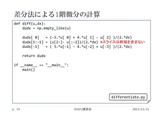 差分法による1階微分の計算
2015/11/25GPGPU講習会59
def diff(u,dx):
dudx = np.empty_like(u)
dudx[ 0]   = (‐3.*u[ 0] + 4.*u[ 1] ‐ u[ 2] )/(2.*dx)
dudx[1:‐1] = (u[2:]‐ u[:‐2])/(2.*dx) #スライスは終端を含まない
dudx[‐1]   = ( 3.*u[‐1] ‐ 4.*u[‐2] + u[‐3] )/(2.*dx)
return dudx
if __name__ == "__main__":
main()
differentiate.py
 