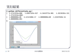 実行結果
2015/11/25GPGPU講習会65
$ python differentiate.py⏎
[  1.27323954e+000   3.89817183e‐017  ‐6.36619772e‐001   1.38338381e‐321
1.27323954e+000]
[  1.00000000e+00   6.12323400e‐17  ‐1.00000000e+00  ‐1.83697020e‐16
1.00000000e+00]
$
 