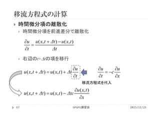 移流方程式の計算
2015/11/25GPGPU講習会67
 時間微分項の離散化
 時間微分項を前進差分で離散化
 右辺のt+tの項を移行
Δt
txuΔttxu
t
u ),(),( 



x
u
c
t
u





t
u
ΔttxuΔttxu


 ),(),(
移流方程式を代入
x
txu
ΔtctxuΔttxu



),(
),(),(
 