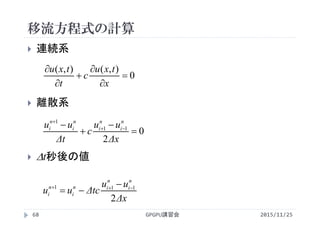 移流方程式の計算
2015/11/25GPGPU講習会68
 連続系
 離散系
 t秒後の値
0
),(),(






x
txu
c
t
txu
0
2
11
1



 

Δx
uu
c
Δt
uu n
i
n
i
n
i
n
i
Δx
uu
Δtcuu
n
i
n
in
i
n
i
2
111  

 