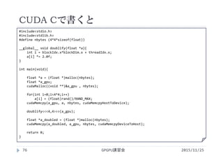 CUDA Cで書くと
2015/11/25GPGPU講習会76
#include<stdio.h>
#include<stdlib.h>
#define nbytes (4*4*sizeof(float))
__global__ void doublify(float *a){
int i = blockIdx.x*blockDim.x + threadIdx.x;
a[i] *= 2.0f;
}
int main(void){
float *a = (float *)malloc(nbytes);
float *a_gpu;
cudaMalloc((void **)&a_gpu , nbytes);
for(int i=0;i<4*4;i++)
a[i] = (float)rand()/RAND_MAX;
cudaMemcpy(a_gpu, a, nbytes, cudaMemcpyHostToDevice);
doublify<<<4,4>>>(a_gpu);
float *a_doubled = (float *)malloc(nbytes);
cudaMemcpy(a_doubled, a_gpu, nbytes, cudaMemcpyDeviceToHost);
return 0;
}
 