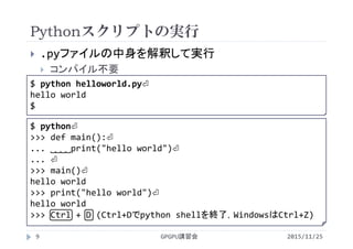 Pythonスクリプトの実行
2015/11/25GPGPU講習会9
 .pyファイルの中身を解釈して実行
 コンパイル不要
$ python helloworld.py⏎
hello world
$
$ python⏎
>>> def main():⏎
... ˽˽˽˽print("hello world")⏎
... ⏎
>>> main()⏎
hello world
>>> print("hello world")⏎
hello world
>>> Ctrl + D (Ctrl+Dでpython shellを終了，WindowsはCtrl+Z)
 