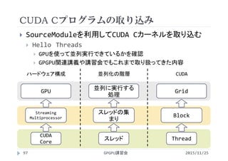 CUDA Cプログラムの取り込み
2015/11/25GPGPU講習会97
 SourceModuleを利用してCUDA Cカーネルを取り込む
 Hello Threads
 GPUを使って並列実行できているかを確認
 GPGPU関連講義や講習会でもこれまで取り扱ってきた内容
GPU
Streaming 
Multiprocessor
CUDA 
Core
ハードウェア構成
並列に実行する
処理
スレッドの集
まり
スレッド
並列化の階層
Grid
Block
Thread
CUDA
 