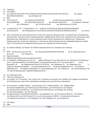4
3.1 "Термінал"
3.1 ТРЦ "S)Мall"
3.1 вул. Пирогова 59а,67а,69,73,73а,75,89а,91,93,95,97,99,99а,101,103,105,107,107а,109,111а вул. Зодчих
28,32/20,34,36,38,40,42, вул.Ак.Ющенка 16
3.1 ВКФ
3.2 ТРЦ "Анастасія" вул.Пирогова 8‐38,39,39,59 вул.М.Литвиненко‐Вольгемут 1,1а,2б,5,8‐
36,42а,48,48а,48б, вул. Князів Коріатовичів 114 вул. Міліційна 4,6,8,10,35 2‐й провулок Пирогова 1
21 вул. М.Оводова 1 вул. Л.Толстого 20‐40 вул. Малиновського 25,30‐44
3.2 1‐й пров.Юності 1‐19 2‐й пров.Юності 1‐75 пр.Юності 12,22,23а,24,26,30,32,34,36,38,40,44,46/28,81а
вул.Келецька 93 вул.А.Первозванного 12а,14,14а,16,16а,30,32,34,36,38,40,42,46,48,50,52,52а,54 вул. Зелена
3.2 пров. 3‐й Східний вул. Івана Багряного вул. В. Стуса вул. Східна вул. Вінницька пров. 1‐й Східний пров. 2‐й Східний вул.
Ентузіастів вул. Тяжилівська пров. Тяжилівський пров. Турбівський вул. Ватутіна вул. Садовського вул. Москаленка пров
Москаленко вул. Баженова вул. Степана Тимошенка пров. Степана Тимошенка вул. Приміська вул. Г.Мороза вул.
Лебединського вул. Лугова вул. Паркова вул. І. Савченко вул. Миколи Битинського вул. Джозефа Конрада вул. Садова
пров. 1‐й Топольського вул. Марцелія Високінського вул. Трублаїні вул. Миколи Куліша
3.2 вул. Миколи Ващука, вул Порика вул. Воїнів Інтернаціоналістів вул. Стельмаха вул. Келецька
3.2
3.2 ВНТУ Хмельницьке шосе 131,143 вул. Келецька 84,94,98,100,102,102а,102б вул. В. Інтернаціоналістів
9а,11,14а вул. Порика 27а
3.2 Барлінек‐Україна
3.3 ПВНЗ Вінницький фінансово‐економічний інститут
3.3 р‐н Сабарова Сабарівське шосе 3,11,11а , провул Тобілевича 15, вул Пирогова 131, вул. Вишнева 2‐22, Сабарівське
шосе 7, узвіз Вишневий 6‐44, тупік Вишневий 2‐14, провулок Вишневий 1‐21, 1‐й пр. Вишневий 3‐7 2‐й пр.
Вишневий 1‐16 вул Черняховського 6,6а,11,13‐53,54‐161 вул. Сабарівська 1а, вул. Карбишева 3‐52 1‐7
провулки Черняховського(ДАЧІ) 1‐й проїзд Черяховського 78 1‐й провулок Карбишева 2‐51 2‐й провулок
Карбишева 3‐27 3‐й провулок Карбишева 3‐19 тупик Карбишева 3‐33 вул. П.Мирного вул. М.Заньковецької 1‐64
1‐й пров. М.Заньковецької провулок Прибузький 26‐44
3.3 вул. Пирогова 65,144
3.3 ПЗЕС вул. Пирогова 131
3.3 м‐р "Корея", м‐р "П'ятничани" , Вул. І.Богуна, вул. Л.Українки, вул.Герцена, вул.Г.Арабея, вул.С.Щедріна, вул.Мічуріна,
вул.О.Кобилянської, пров.Лісові, пров.Медові, вул.Руданського, вул.Ботанічна, пров.Хіміків.
3.3 вул. Бестужева, вул.Марії Гавриш, вул.Грихольська, вул. Генерала Арабея, вул. Добролюбова,
вул.Генерала Дерев'янка, вул. Каховського, вул.Леонтовича, вул. Лук'яновського, вул. Медова,
вул. Митрополита Петра Могили, вул. Митрополита Петра Могили , вул.Ранкова, вул. Рилєєва,
вул.Салтикова‐Щедріна, вул Лесі Українки.
3.3 вул.Максимовича 1‐4,10,18,20,24,25,43б,109 ; вул.Трамвайна 2‐42 ; вул. Хм. Шосе 24‐50,62‐78; ЖК "Авалон"
вул Збишка 26‐43 ; вул Лялі Ратушної 5‐42 ; вул. Констянтиновича 35,49‐87 ; 1‐й проїзд Констянтиновича;
2‐й проїзд Констянтиновича ; вул Сковороди 1‐16 ; вул А. Медвідь 1‐51 ; вул Толбухіна 23.
3.3 ПАТ "Маяк"
3.3 ОЖК
4 4 черга
 
