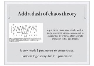 Add a dash of chaos theory
e.g. a three parameter model with a
single outcome variable can result in
substantial divergence after a single
change in initial conditions.
It only needs 3 parameters to create chaos.
Business logic always has > 3 parameters
 