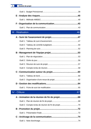 Outil 1 : Budget Prévisionnel......................................................................38
E - Analyse des risques...............................................................40
Outil 1 : Méthode AMDEC..........................................................................40
F - Organisation de la communication.......................................43
Outil 1 : Plan de communication................................................................43
III - Réalisation........................................................................46
A - Suivi de l'avancement de projet............................................47
Outil 1 : Tableau de suivi d'avancement....................................................47
Outil 2 : Tableau de contrôle budgétaire....................................................50
Outil 3 : Planning de suivi...........................................................................52
B - Management de l'équipe projet.............................................53
Outil 1 : Plan de négociation......................................................................53
Outil 2 : Ordre du jour.................................................................................56
Outil 3 : Réunion de suivi de projet............................................................57
Outil 4 : Compte-rendu de réunion.............................................................58
C - Communication autour du projet..........................................60
Outil 1 : Tableau de bord............................................................................60
Outil 2 : Organisation d'une revue de projet..............................................62
D - Gestion des modifications.....................................................64
Outil 1 : Fiche de suivi de modification......................................................65
IV - Clôture.............................................................................67
A - Animation de la réunion de fin de projet..............................68
Outil 1 : Plan de réunion de fin de projet....................................................68
Outil 2 : Compte-rendu de réunion de fin de projet....................................70
B - Promotion du projet...............................................................72
Outil 1 : Présentation finale........................................................................72
C - Archivage de la communication............................................74
Outil 1 : Note d'archivage...........................................................................74
3 Gestion de projet
 