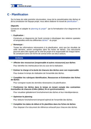 C - Planification
Sur la base de cette première structuration, issue de la caractérisation des tâches et
de la constitution de l'équipe projet, nous allons élaborer le travail de planification18
.
Objectifs
Construire et adapter le planning du projet19
par la formalisation d'un diagramme de
Gantt.
Explication :
Construire un diagramme de Gantt consiste à développer des relations spatiales
et temporelles entre les différentes tâches29
du projet.
Remarque :
Toutes les informations nécessaires à la planification, ainsi que les résultats de
cette dernière, seront consignées dans les fiches de tâches. Ces documents
pourront alors être signés par le chef de projet et le responsable de chaque tâche.
Ils constituent ainsi une forme de contrat entre ces deux acteurs.
Actions
Affecter des ressources (responsable et autres ressources) aux tâches
Pour identifier les interlocuteurs lors du suivi de la réalisation.
Estimer la charge et la durée de chacune des tâches avec son responsable
Pour évaluer le temps de réalisation de l'ensemble des tâches.
Compléter les rubriques Identification, Ressources et Estimation des fiches
de tâches
Pour consigner toutes les données nécessaires à la planification.
Positionner les tâches dans le temps en tenant compte des contraintes
éventuelles de chacune d'elles (début, fin et synchronisation)
Pour visualiser globalement l'enchaînement des tâches et leur interdépendance.
Optimiser le planning
Pour déduire l'enchaînement temporel optimal de l'ensemble des tâches.
Compléter les dates de début et fin planifiées dans les fiches de tâches
Pour disposer d'un document de référence exhaustif pour chacune des tâches.
34 Gestion de projet
 