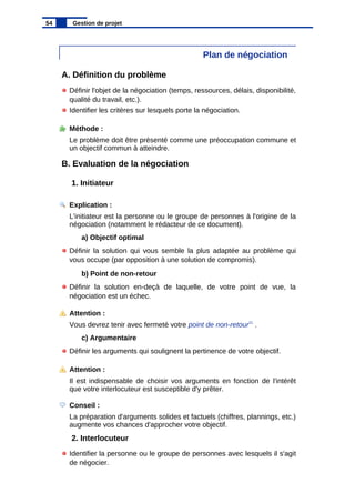 Plan de négociation
A. Définition du problème
Définir l'objet de la négociation (temps, ressources, délais, disponibilité,
qualité du travail, etc.).
Identifier les critères sur lesquels porte la négociation.
Méthode :
Le problème doit être présenté comme une préoccupation commune et
un objectif commun à atteindre.
B. Evaluation de la négociation
1. Initiateur
Explication :
L'initiateur est la personne ou le groupe de personnes à l'origine de la
négociation (notamment le rédacteur de ce document).
a) Objectif optimal
Définir la solution qui vous semble la plus adaptée au problème qui
vous occupe (par opposition à une solution de compromis).
b) Point de non-retour
Définir la solution en-deçà de laquelle, de votre point de vue, la
négociation est un échec.
Attention :
Vous devrez tenir avec fermeté votre point de non-retour21
.
c) Argumentaire
Définir les arguments qui soulignent la pertinence de votre objectif.
Attention :
Il est indispensable de choisir vos arguments en fonction de l'intérêt
que votre interlocuteur est susceptible d'y prêter.
Conseil :
La préparation d'arguments solides et factuels (chiffres, plannings, etc.)
augmente vos chances d'approcher votre objectif.
2. Interlocuteur
Identifier la personne ou le groupe de personnes avec lesquels il s'agit
de négocier.
54 Gestion de projet
 
