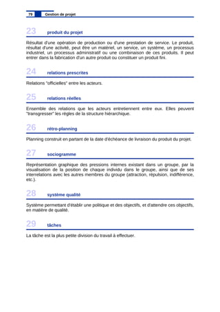 23 produit du projet
Résultat d'une opération de production ou d'une prestation de service. Le produit,
résultat d'une activité, peut être un matériel, un service, un système, un processus
industriel, un processus administratif ou une combinaison de ces produits. Il peut
entrer dans la fabrication d'un autre produit ou constituer un produit fini.
24 relations prescrites
Relations "officielles" entre les acteurs.
25 relations réelles
Ensemble des relations que les acteurs entretiennent entre eux. Elles peuvent
"transgresser" les règles de la structure hiérarchique.
26 rétro-planning
Planning construit en partant de la date d'échéance de livraison du produit du projet.
27 sociogramme
Représentation graphique des pressions internes existant dans un groupe, par la
visualisation de la position de chaque individu dans le groupe, ainsi que de ses
interrelations avec les autres membres du groupe (attraction, répulsion, indifférence,
etc.).
28 système qualité
Système permettant d'établir une politique et des objectifs, et d'attendre ces objectifs,
en matière de qualité.
29 tâches
La tâche est la plus petite division du travail à effectuer.
79 Gestion de projet
 