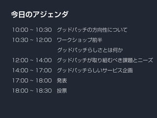 今日のアジェンダ
10:00 10:30 グッドパッチの方向性について
10:30 12:00 ワークショップ前半
         グッドパッチらしさとは何か
12:00 14:00 グッドパッチが取り組むべき課題とニーズ
14:00 17:00 グッドパッチらしいサービス企画
17:00 18:00 発表
18:00 18:30 投票
 