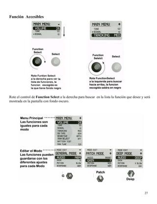 Función Accesibles
Rote el control de Function Select a la derecha para buscar en la lista la función que desee y será
mostrada en la pantalla con fondo oscuro.
27
 