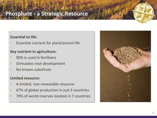 Phosphate - a Strategic Resource


 Essential to life:
 • Essential nutrient for plant/animal life

 Key nutrient in agriculture:
 • 90% is used in fertilizers
 • Stimulates root development
 • No known substitute

 Limited resource:
 • A limited, non-renewable resource
 • 67% of global production in just 3 countries
 • 79% of world reserves located in 7 countries


                                                  19
 