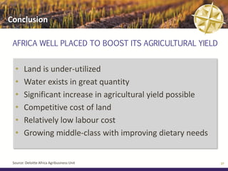 Conclusion

 AFRICA WELL PLACED TO BOOST ITS AGRICULTURAL YIELD


  •     Land is under-utilized
  •     Water exists in great quantity
  •     Significant increase in agricultural yield possible
  •     Competitive cost of land
  •     Relatively low labour cost
  •     Growing middle-class with improving dietary needs


 Source: Deloitte Africa Agribusiness Unit                    27
 