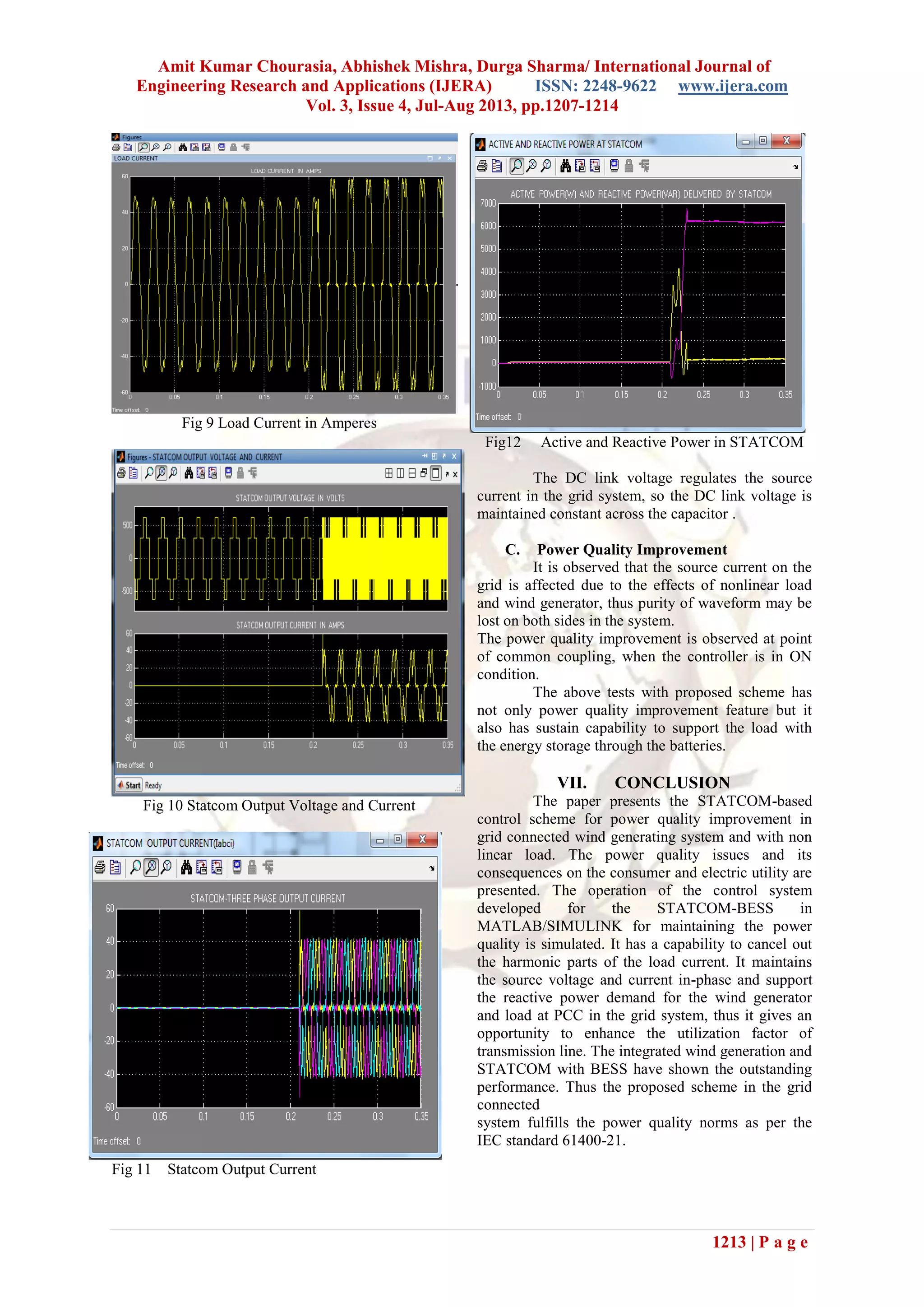 Amit Kumar Chourasia, Abhishek Mishra, Durga Sharma/ International Journal of
Engineering Research and Applications (IJERA) ISSN: 2248-9622 www.ijera.com
Vol. 3, Issue 4, Jul-Aug 2013, pp.1207-1214
1213 | P a g e
Fig 9 Load Current in Amperes
Fig 10 Statcom Output Voltage and Current
Fig 11 Statcom Output Current
Fig12 Active and Reactive Power in STATCOM
The DC link voltage regulates the source
current in the grid system, so the DC link voltage is
maintained constant across the capacitor .
C. Power Quality Improvement
It is observed that the source current on the
grid is affected due to the effects of nonlinear load
and wind generator, thus purity of waveform may be
lost on both sides in the system.
The power quality improvement is observed at point
of common coupling, when the controller is in ON
condition.
The above tests with proposed scheme has
not only power quality improvement feature but it
also has sustain capability to support the load with
the energy storage through the batteries.
VII. CONCLUSION
The paper presents the STATCOM-based
control scheme for power quality improvement in
grid connected wind generating system and with non
linear load. The power quality issues and its
consequences on the consumer and electric utility are
presented. The operation of the control system
developed for the STATCOM-BESS in
MATLAB/SIMULINK for maintaining the power
quality is simulated. It has a capability to cancel out
the harmonic parts of the load current. It maintains
the source voltage and current in-phase and support
the reactive power demand for the wind generator
and load at PCC in the grid system, thus it gives an
opportunity to enhance the utilization factor of
transmission line. The integrated wind generation and
STATCOM with BESS have shown the outstanding
performance. Thus the proposed scheme in the grid
connected
system fulfills the power quality norms as per the
IEC standard 61400-21.
 