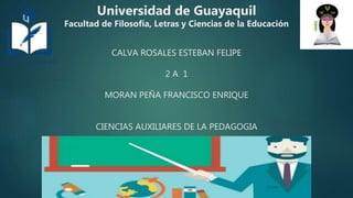 Universidad de Guayaquil
Facultad de Filosofía, Letras y Ciencias de la Educación
CALVA ROSALES ESTEBAN FELIPE
2 A 1
MORAN PEÑA FRANCISCO ENRIQUE
CIENCIAS AUXILIARES DE LA PEDAGOGIA
 