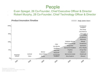 People
I. Evan Spiegel, 26 Co-Founder, Chief Executive Officer & Director
II. Robert Murphy, 28 Co-Founder, Chief Technology Officer & Director
 
