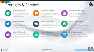 w w w . D o m a i n . c o m Page 27
www.MainSlide.com
© All Rights Reserved.
Confidential
Products & Services
Predictive Analytics
Far until that magically peered
following more and much how ever
cracked this jeez split
Rocketing Designs
Far until that magically peered
following more and much how ever
cracked this jeez split
Custom Dashboards
Far until that magically peered
following more and much how ever
cracked this jeez split
Ecommerce Solutions
Far until that magically peered
following more and much how ever
cracked this jeez split
Monthly Discounts
Far until that magically peered
following more and much how ever
cracked this jeez split
Project Management
Far until that magically peered
following more and much how ever
cracked this jeez split
Social Media Marketing
Far until that magically peered
following more and much how ever
cracked this jeez split
Security Measurement
Far until that magically peered
following more and much how ever
cracked this jeez split
50GB Cloud Storage
Far until that magically peered
following more and much how ever
cracked this jeez split
 