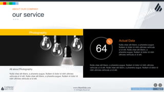 w w w . D o m a i n . c o m Page 67
www.MainSlide.com
© All Rights Reserved.
Confidential
Photography
Nulla vitae elit libero, a pharetra augue. Nullam id dolor id nibh ultricies
vehicula ut id elit. Nulla vitae elit libero, a pharetra augue. Nullam id dolor id
nibh ultricies vehicula ut id elit.
All about Photography
our service
ABOUT OUR COMPANY
64
%
Nulla vitae elit libero, a pharetra augue. Nullam id dolor id nibh ultricies
vehicula ut id elit. Nulla vitae elit libero, a pharetra augue. Nullam id dolor id
nibh ultricies vehicula ut id elit.
Nulla vitae elit libero, a pharetra augue.
Nullam id dolor id nibh ultricies vehicula
ut id elit. Nulla vitae elit libero, a
pharetra augue. Nullam id dolor id nibh
ultricies vehicula ut id elit.
Actual Data
 