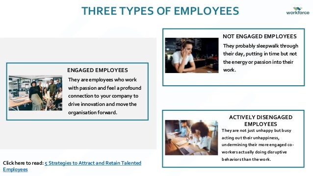 ENGAGED EMPLOYEES
They are employees who work
with passion and feel a profound
connection to your company to
drive innovation and move the
organisation forward.
THREE TYPES OF EMPLOYEES
NOT ENGAGED EMPLOYEES
They probably sleepwalk through
their day, putting in time but not
the energy or passion into their
work.
ACTIVELY DISENGAGED
EMPLOYEES
They are not just unhappy but busy
acting out their unhappiness,
undermining their more engaged co-
workers actually doing disruptive
behaviors than the work.
Click here to read: 5 Strategies to Attract and Retain Talented
Employees
 
