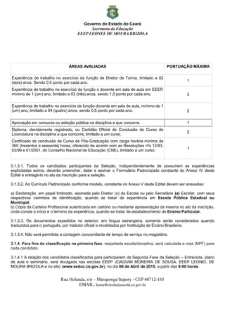 Governo do Estado do Ceará
Secretaria da Educação
EEEP LEONEL DE MOURA BRIZOLA
Rua Holanda, s/n – Maraponga/Itapery - CEP 60712-165
EMAIL: leonelbrizola@escola.ce.gov.br
ÁREAS AVALIADAS PONTUAÇÃO MÁXIMA
Experiência de trabalho no exercício da função de Diretor de Turma, limitado a 02
(dois) anos. Sendo 0,5 ponto por cada ano.
1
Experiência de trabalho no exercício da função o docente em sala de aula em EEEP,
mínimo de 1 (um) ano, limitado a 03 (três) anos, sendo 1,0 ponto por cada ano. 3
Experiência de trabalho no exercício da função docente em sala de aula, mínimo de 1
(um) ano, limitado a 04 (quatro) anos, sendo 0,5 ponto por cada ano. 2
Aprovação em concurso ou seleção pública na disciplina a que concorre. 1
Diploma, devidamente registrado, ou Certidão Oficial de Conclusão do Curso de
Licenciatura na disciplina a que concorre, limitado a um curso.
2
Certificado de conclusão de Curso de Pós-Graduação com carga horária mínima de
360 (trezentos e sessenta) horas, oferecido de acordo com as Resoluções nºs 12/83,
03/99 e 01/2001, do Conselho Nacional de Educação (CNE), limitado a um curso. 1
3.1.3.1. Todos os candidatos participantes da Seleção, independentemente de possuírem as experiências
explicitadas acima, deverão preencher, datar e assinar o Formulário Padronizado constante do Anexo IV deste
Edital e entregá-lo no ato da inscrição para a seleção.
3.1.3.2. Ao Currículo Padronizado conforme modelo, constante no Anexo V deste Edital devem ser anexadas:
a) Declaração, em papel timbrado, assinada pelo Diretor (a) da Escola ou pelo Secretário (a) Escolar, com seus
respectivos carimbos de identificação, quando se tratar de experiência em Escola Pública Estadual ou
Municipal.
b) Cópia da Carteira Profissional autenticada em cartório ou mediante apresentação da mesma no ato da inscrição,
onde conste o início e o término da experiência, quando se tratar de estabelecimento de Ensino Particular.
3.1.3.3. Os documentos expedidos no exterior, em língua estrangeira, somente serão considerados quando
traduzidos para o português, por tradutor oficial e revalidados por Instituição de Ensino Brasileira.
3.1.3.4. Não será permitida a contagem concomitante de tempo de serviço no magistério.
3.1.4. Para fins de classificação na primeira fase, respeitada escola/disciplina, será calculada a nota (NPF) para
cada candidato.
3.1.4.1 A relação dos candidatos classificados para participarem da Segunda Fase da Seleção – Entrevista, plano
de aula e seminário, será divulgada nas escolas EEEP JOAQUIM MOREIRA DE SOUSA, EEEP LEONEL DE
MOURA BRIZOLA e no sitio (www.seduc.ce.gov.br), no dia 06 de Abril de 2015, a partir das 9:00 horas.
 