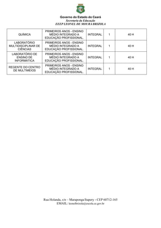 Governo do Estado do Ceará
Secretaria da Educação
EEEP LEONEL DE MOURA BRIZOLA
Rua Holanda, s/n – Maraponga/Itapery - CEP 60712-165
EMAIL: leonelbrizola@escola.ce.gov.br
QUÍMICA
PRIMEIROS ANOS - ENSINO
MÉDIO INTEGRADO A
EDUCAÇÃO PROFISSIONAL.
INTEGRAL 1 40 H
LABORATÓRIO
MULTIDISCIPLINAR DE
CIÊNCIAS
PRIMEIROS ANOS - ENSINO
MÉDIO INTEGRADO A
EDUCAÇÃO PROFISSIONAL.
INTEGRAL 1 40 H
LABORATÓRIO DE
ENSINO DE
INFORMÁTICA
PRIMEIROS ANOS - ENSINO
MÉDIO INTEGRADO A
EDUCAÇÃO PROFISSIONAL.
INTEGRAL 1 40 H
REGENTE DO CENTRO
DE MULTIMEIOS
PRIMEIROS ANOS - ENSINO
MÉDIO INTEGRADO A
EDUCAÇÃO PROFISSIONAL.
INTEGRAL 1 40 H
 