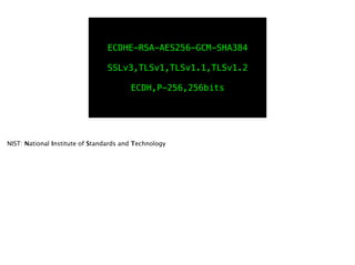 ECDHE-RSA-AES256-GCM-SHA384
!
SSLv3,TLSv1,TLSv1.1,TLSv1.2
!
ECDH,P-256,256bits
NIST: National Institute of Standards and Technology
 
