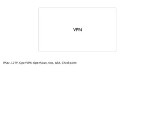 VPN
IPSec, L2TP, OpenVPN, OpenSwan, tinc, ASA, Checkpoint
 