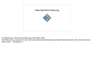 https://git.bettercrypto.org
Git Repository, Gesamte Entstehung ist komplett offen.
TeX Dokument, ja grauslich. War nicht die optimale Entscheidung im Nachhinein betrachtet. Die 2.0 wird besser.
(Wie immer… Iterationen…)
!
 