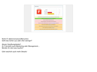 Nicht IT-AdministrationsMenschen:
Sieht das Sicher aus oder eher weniger?
!
Akuter Handlungsbedarf…
A-F Versteht auch Marketing oder Management…
Würdet ihr dort was kaufen?
!
Gibt natürlich auch mehr Details!
 
