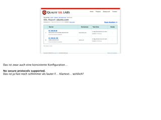 Home Projects Qualys.com Contact
Assessed on: Fri May 09 00:38:35 UTC 2014 | HIDDEN | Clear cache Scan Another >>
You are here: Home > Projects > SSL Server Test > ubuntu.com
SSL Report: ubuntu.com
Server Domain(s) Test time Grade
1
91.189.90.58
www-ubuntu-com.avocado.canonical.com
No secure protocols supported
www.ubuntu.com
Fri May 09 00:36:50 UTC 2014
Duration: 52.559 sec
-
2
91.189.94.156
vostok.canonical.com
No secure protocols supported
ubuntu.com
Fri May 09 00:37:43 UTC 2014
Duration: 52.582 sec
-
SSL Report v1.9.22
Copyright © 2009-2014 Qualys, Inc. All Rights Reserved. Terms and Conditions
Das ist zwar auch eine konsistente Konﬁguration…
!
No secure protocols supported.
Das ist ja fast noch schlimmer als lauter F… Klartext… wirklich?
 